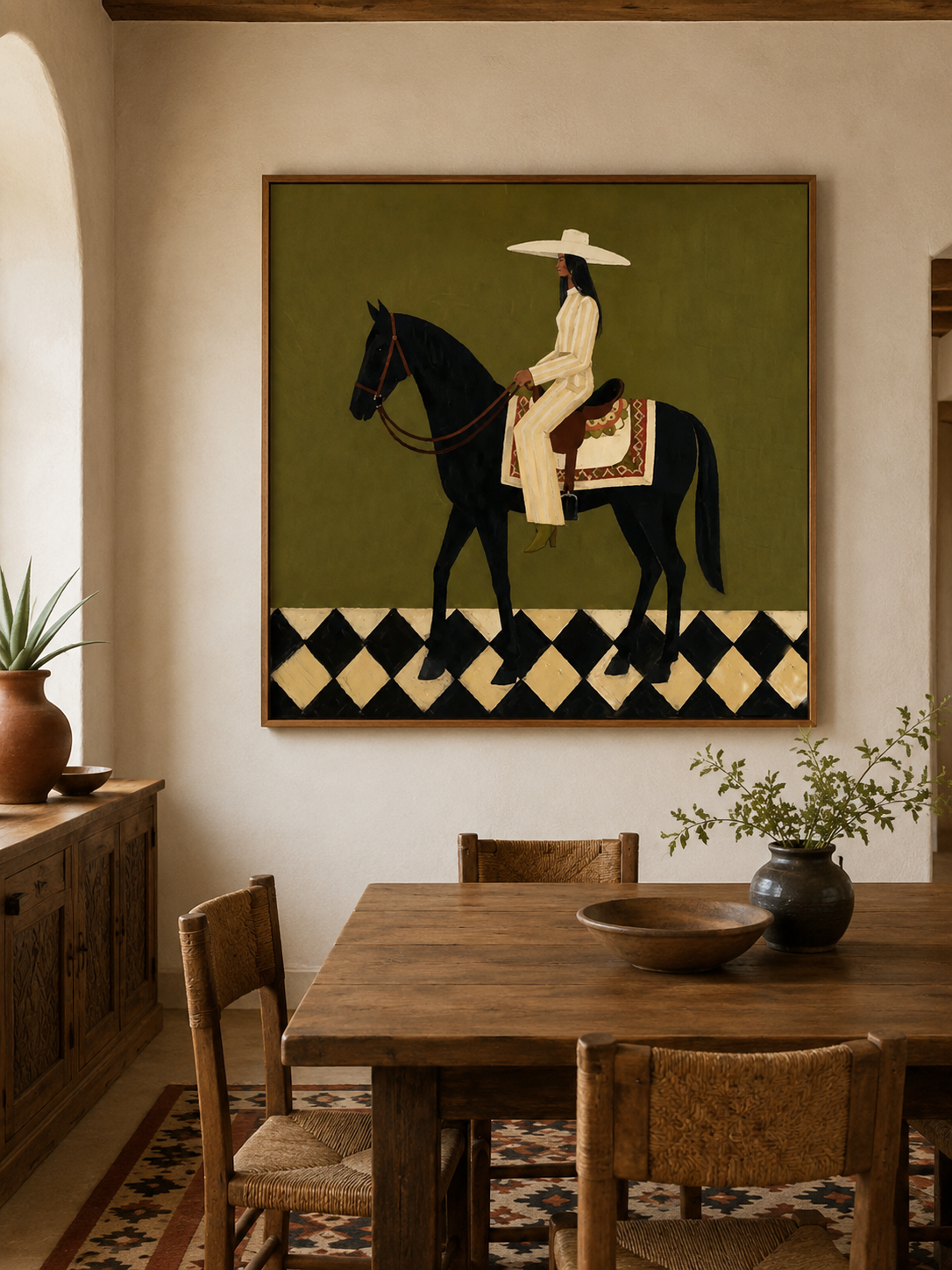 Vintage Horse And Rider Painting Sage Green Wall Art For Modern Home Decor