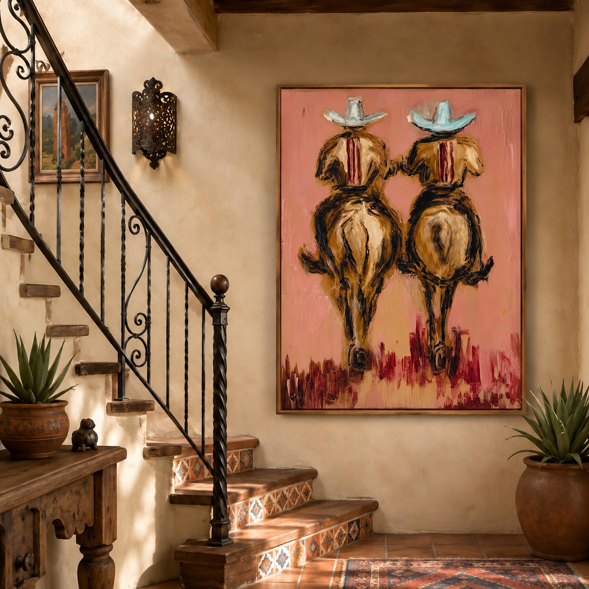Horseback Riding Wall Art Western Riders On Horseback Hand-Painted Oil Painting | Rustic Wall Art