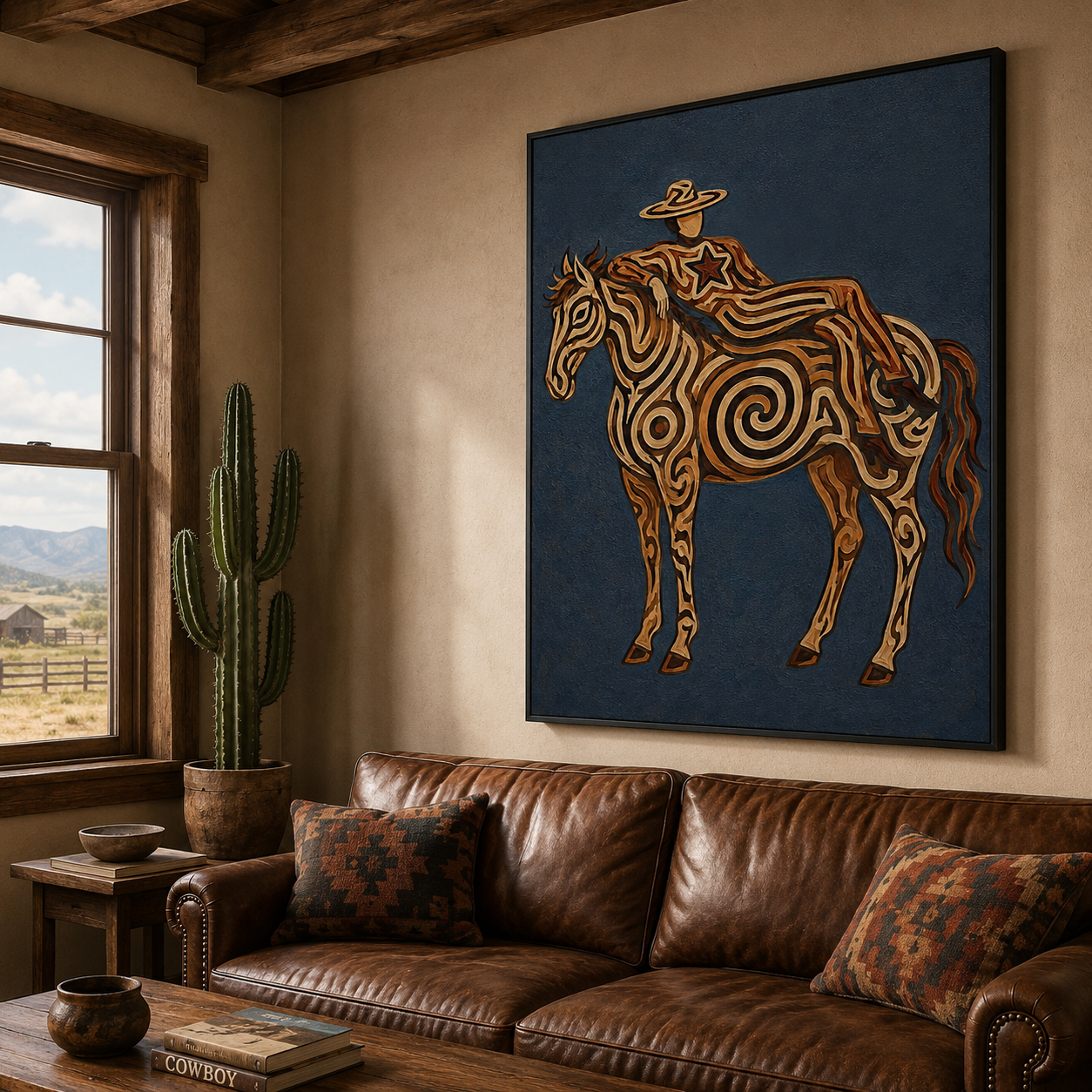 Large Western Horse Painting, Rustic Ranch Home Decor, Abstract Cowboy Style Original Oil Painting