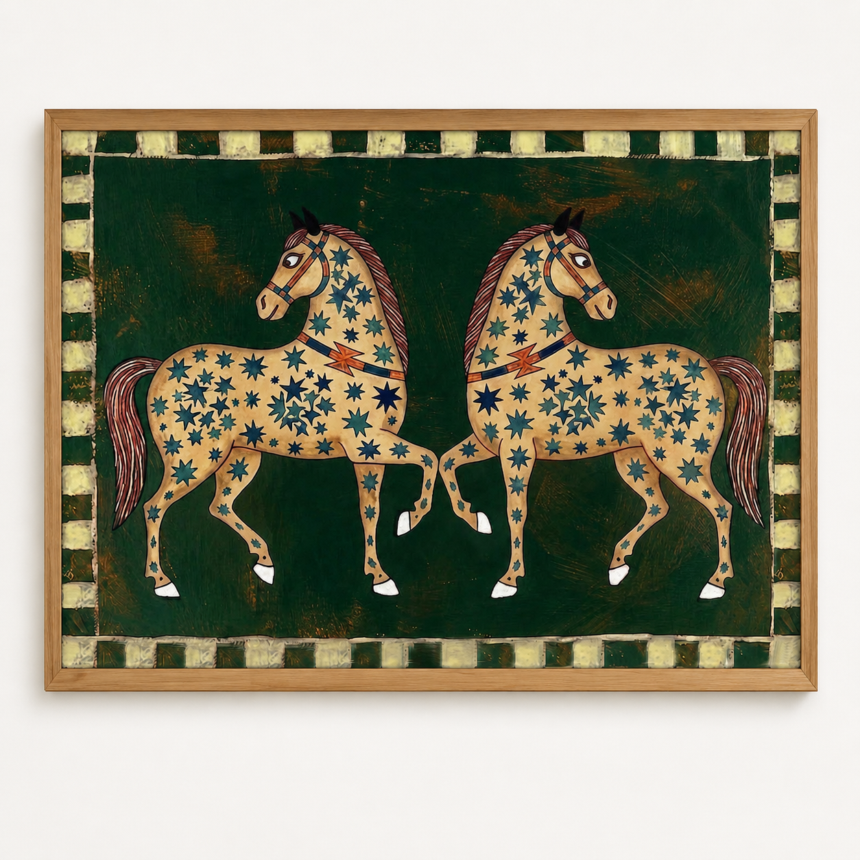 Exquisite Two Horses Painting With Star Patterns On Olive Green Background Original Folk Art