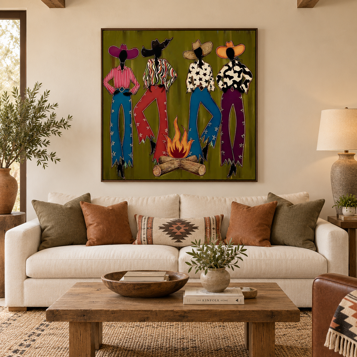 Colorful Cowgirl Painting, Retro Southwest Decor, Olive Green Handmade Artwork