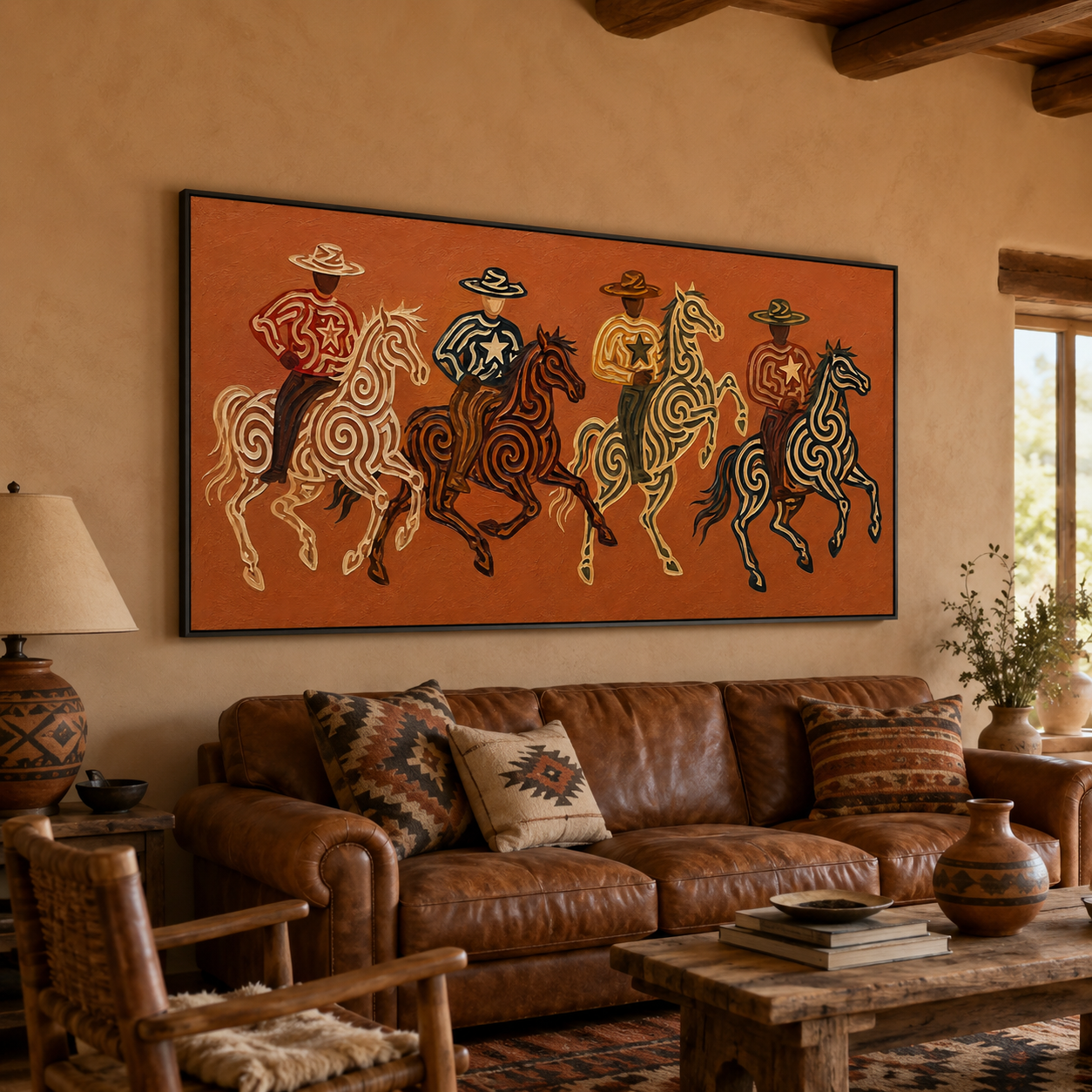 Panoramic Four Cowboy Riders Painting, Terracotta Western Horse Art, Southwestern Ranch Decor