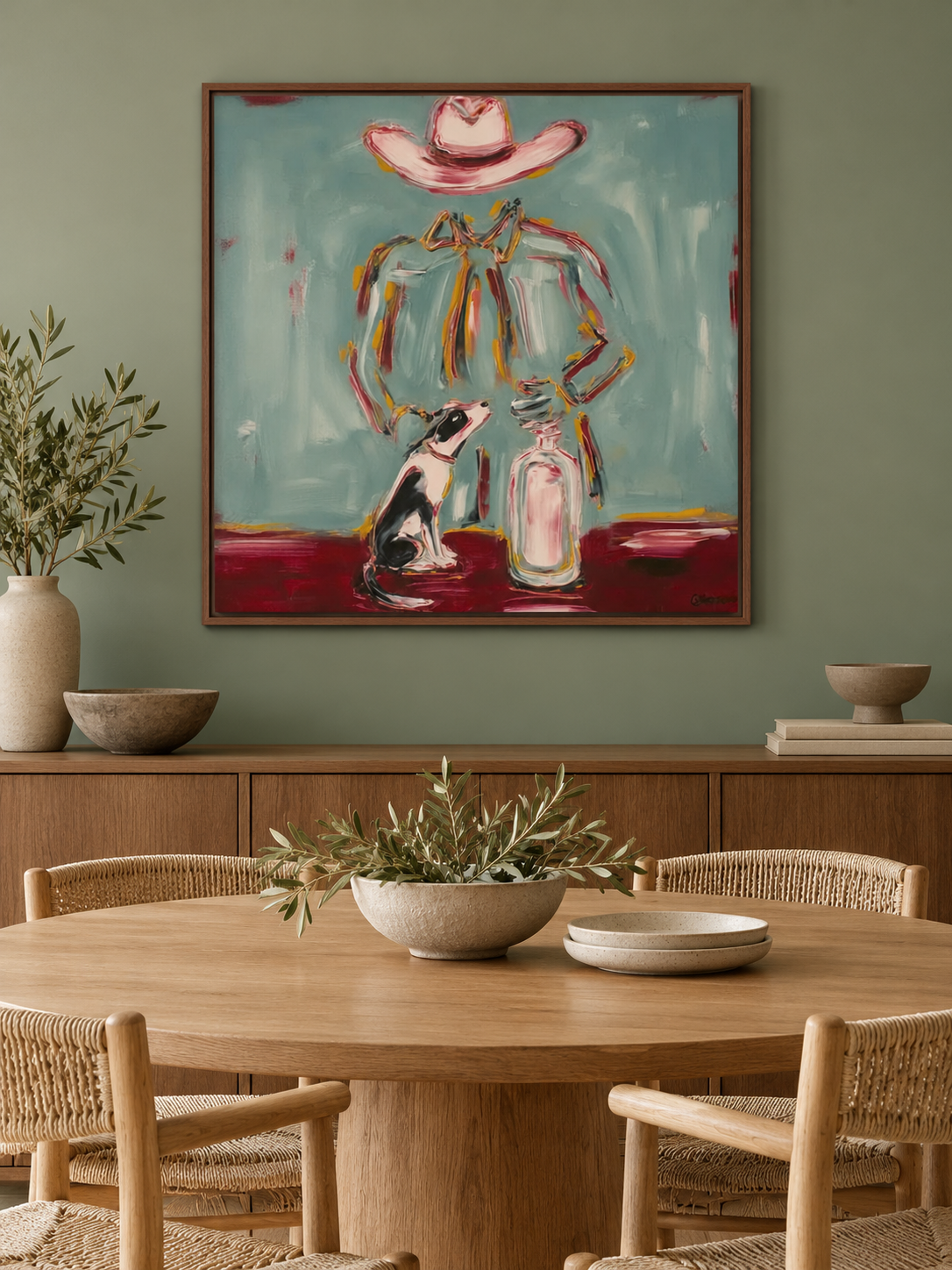 Whimsical Cowboy And Dog Canvas Art, Pink Hat Western Wall Decor, Teal Countryside Painting