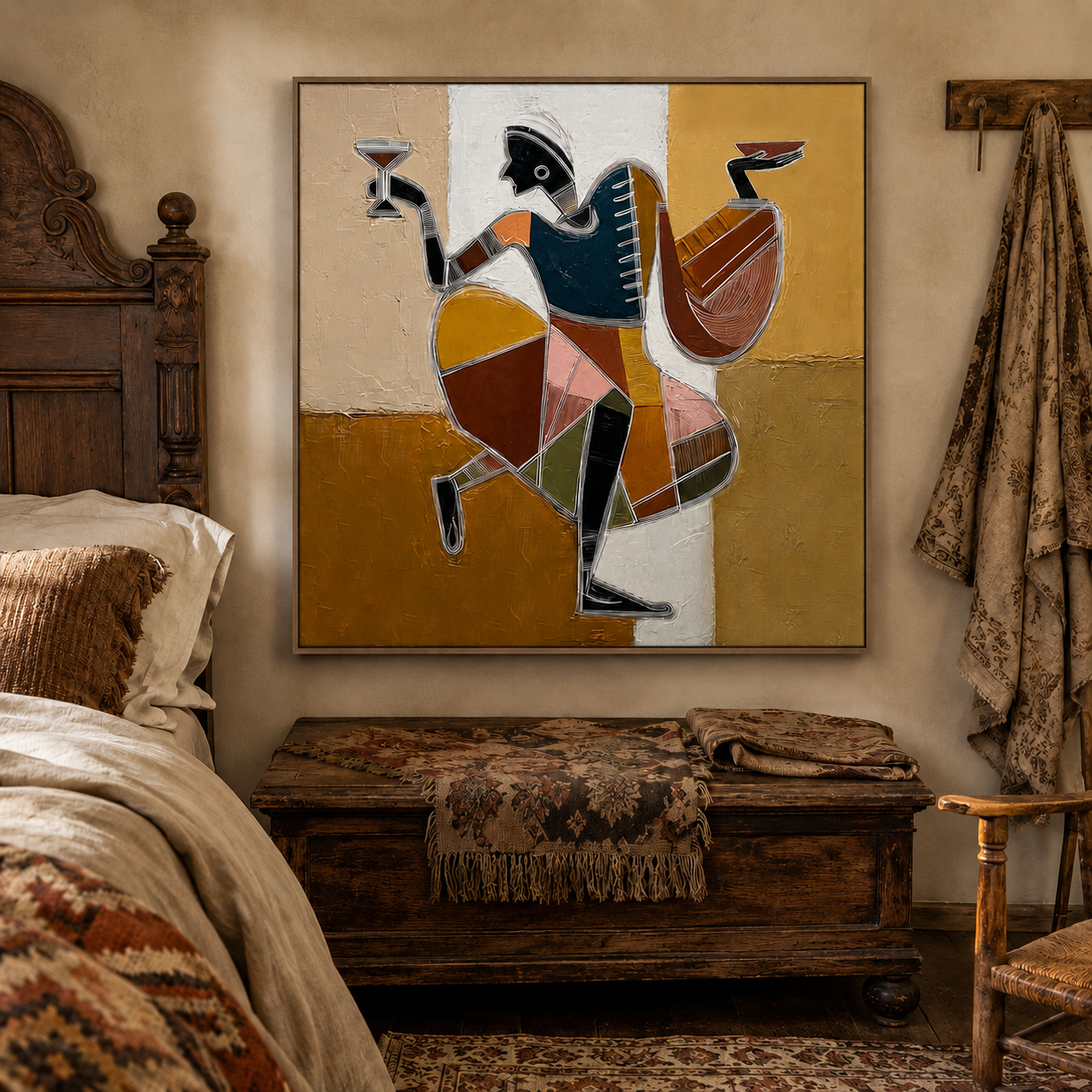 Vintage Art Deco Dancer Painting Gold And Black Abstract Figure Wall Art For Living Room