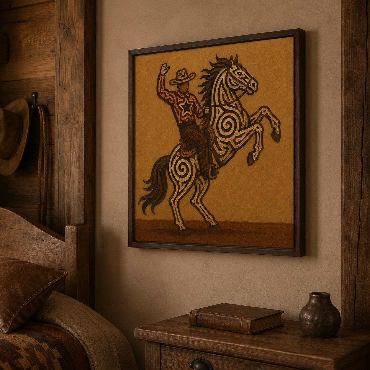 Rearing Horse And Cowboy Art, Wild West Cowboy Riding Painting, Bucking Horse Wall Decor, Dynamic Western Canvas