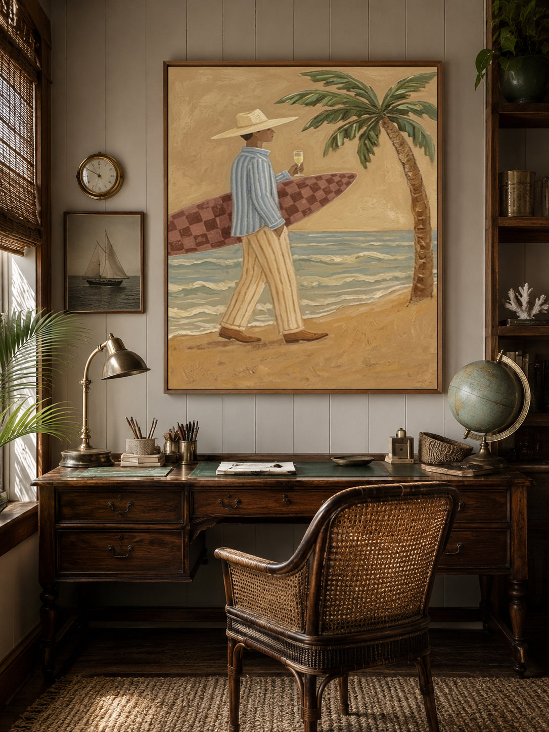 Vintage Surfer With Wine Glass Painting For Coastal Home Decor