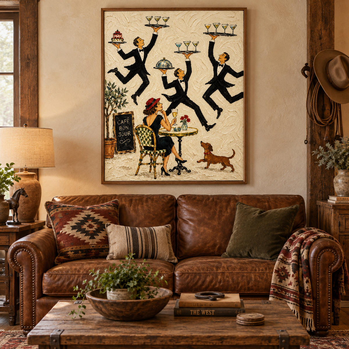 Vintage French Café Waiter Painting Hand-Painted Canvas Art For Dining Room