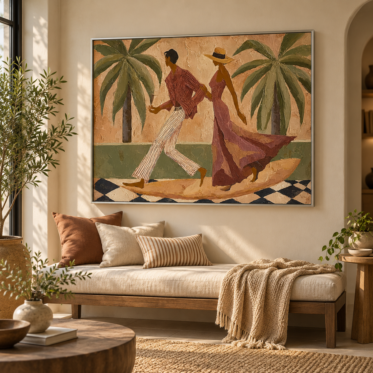 Dancing Couple Canvas Painting With Tropical Palms And Olive Green Tones