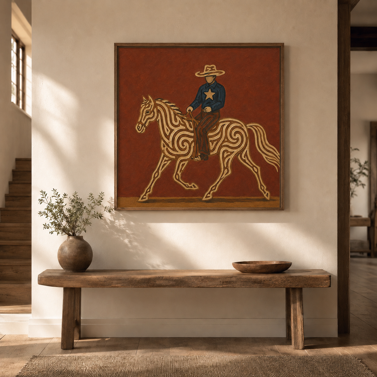 Cowboy Riding Horse Art , Western Ranch Horse Painting, Classic Cowboy Wall For Living Room Decor