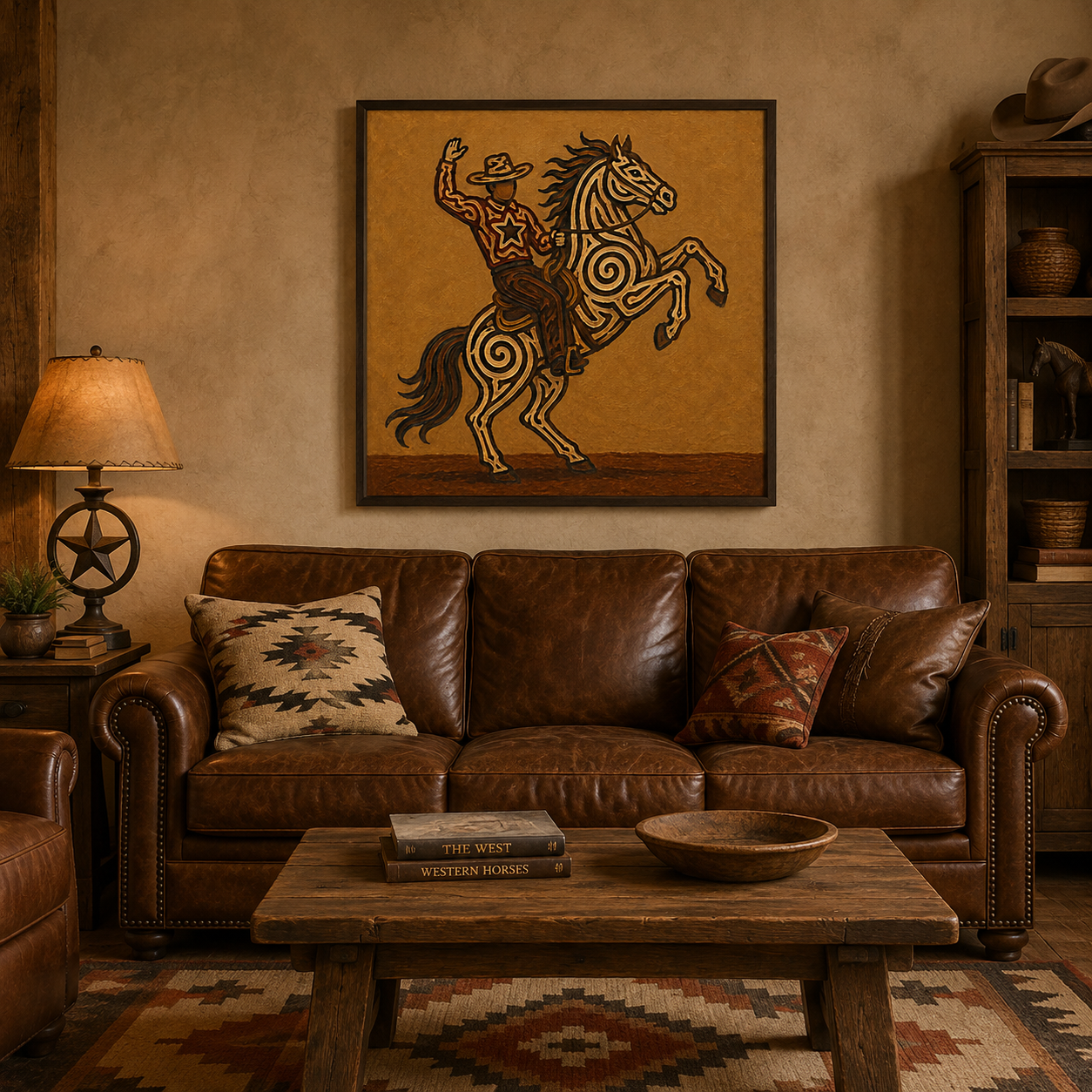 Rearing Horse And Cowboy Art, Wild West Cowboy Riding Painting, Bucking Horse Wall Decor, Dynamic Western Canvas