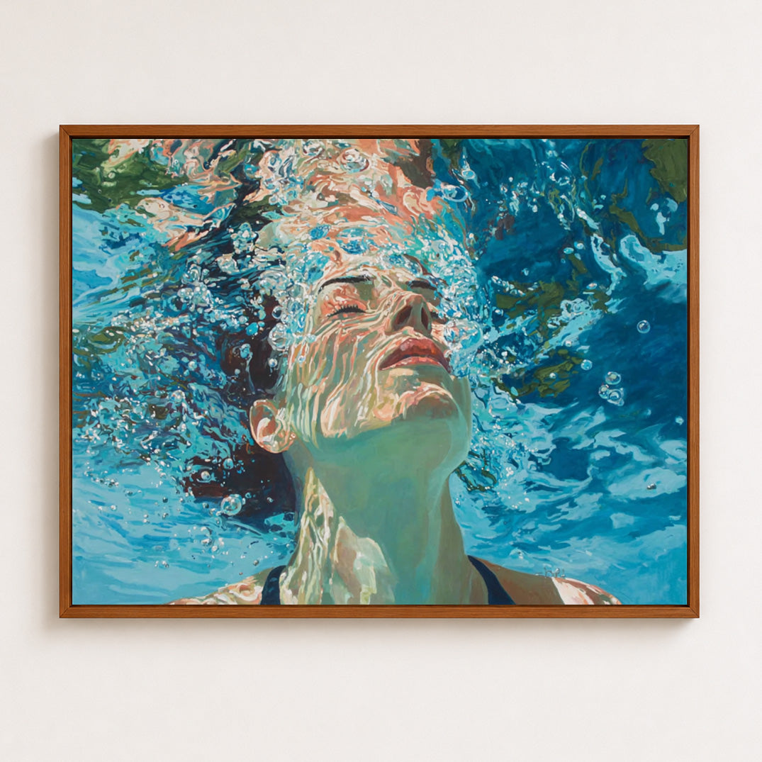 Ethereal Underwater Girl Painting With Bubbles For Coastal Bathroom Decor