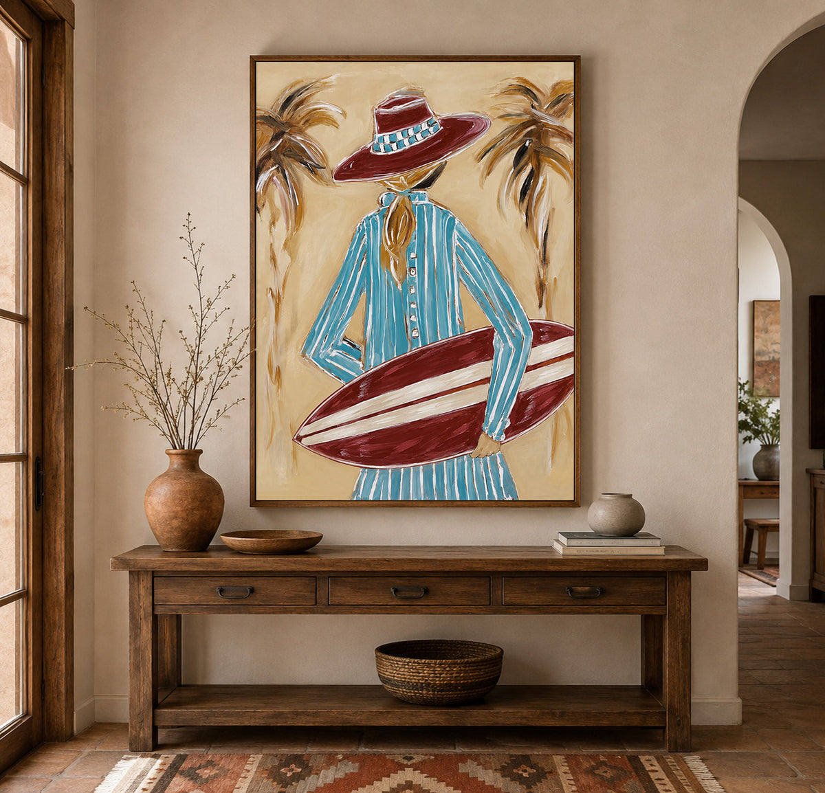 Coastal Cowboy Surfboard Canvas Art, Tropical Cowgirl Beach Wall Decor, California Surfing Painting