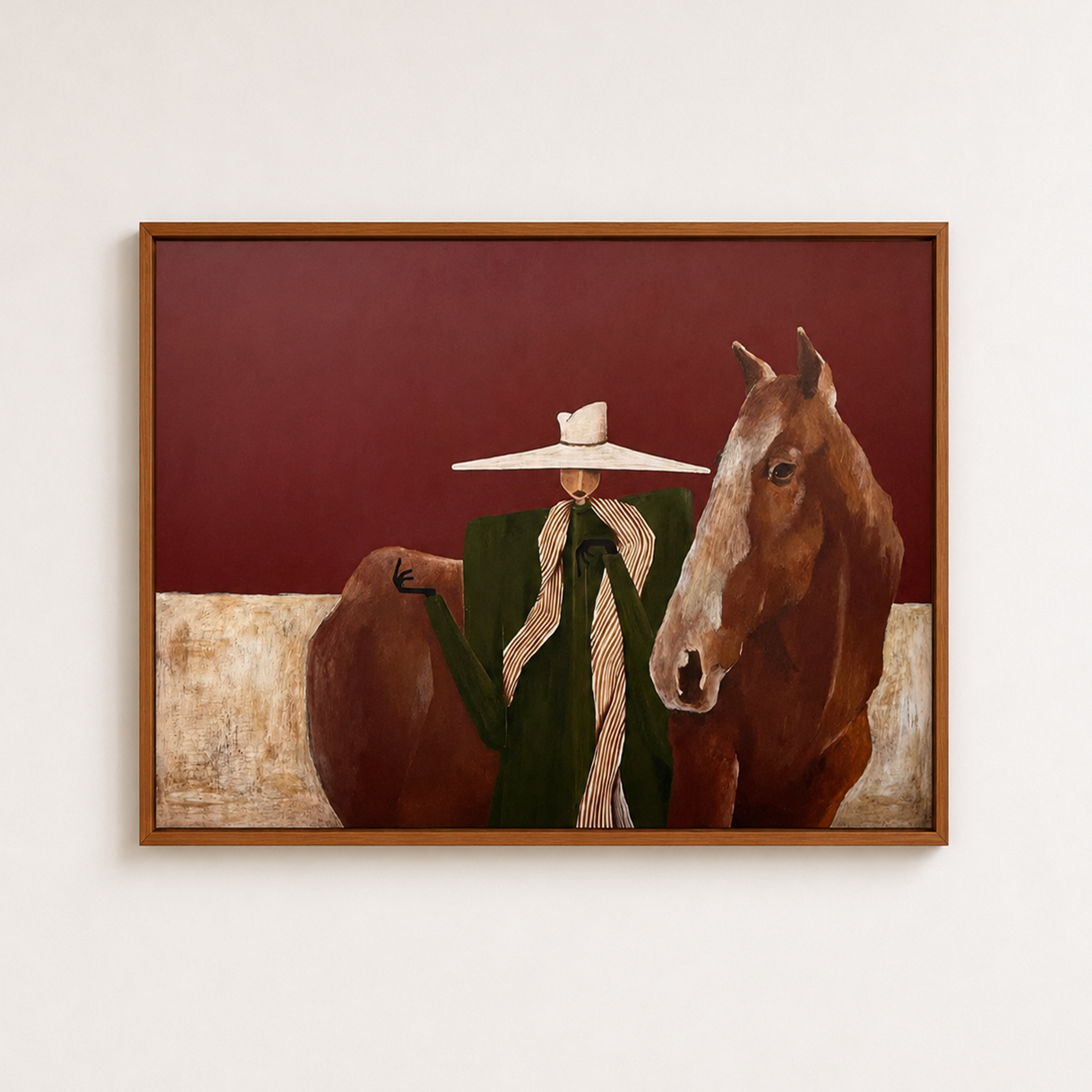 Vintage Woman And Horse Painting With Hat Earthy Tones Square Canvas Wall Art For Living Room