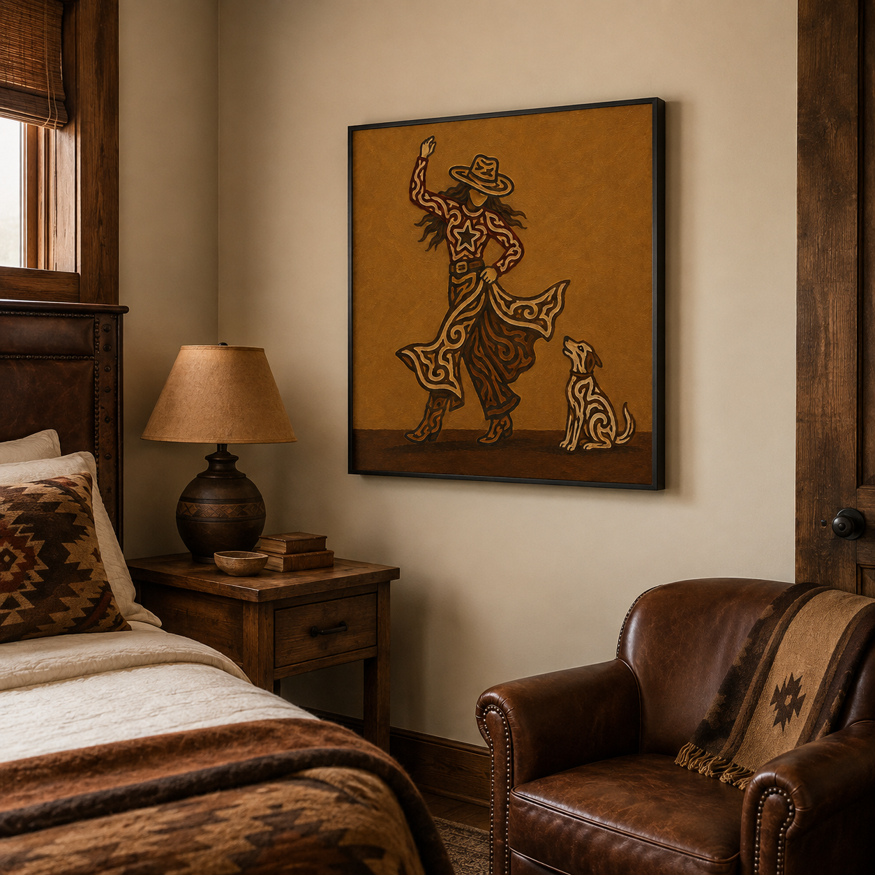 Cowgirl And Dog Wall Art, Western Woman Art , Dancing Cowgirl Canvas,Contemporary Western Decor