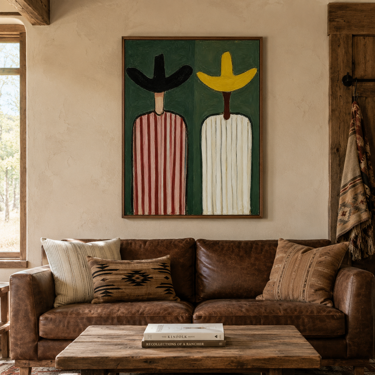 Abstract Figurative Painting With Sage Green Background And Striped Characters For Modern Home Decor