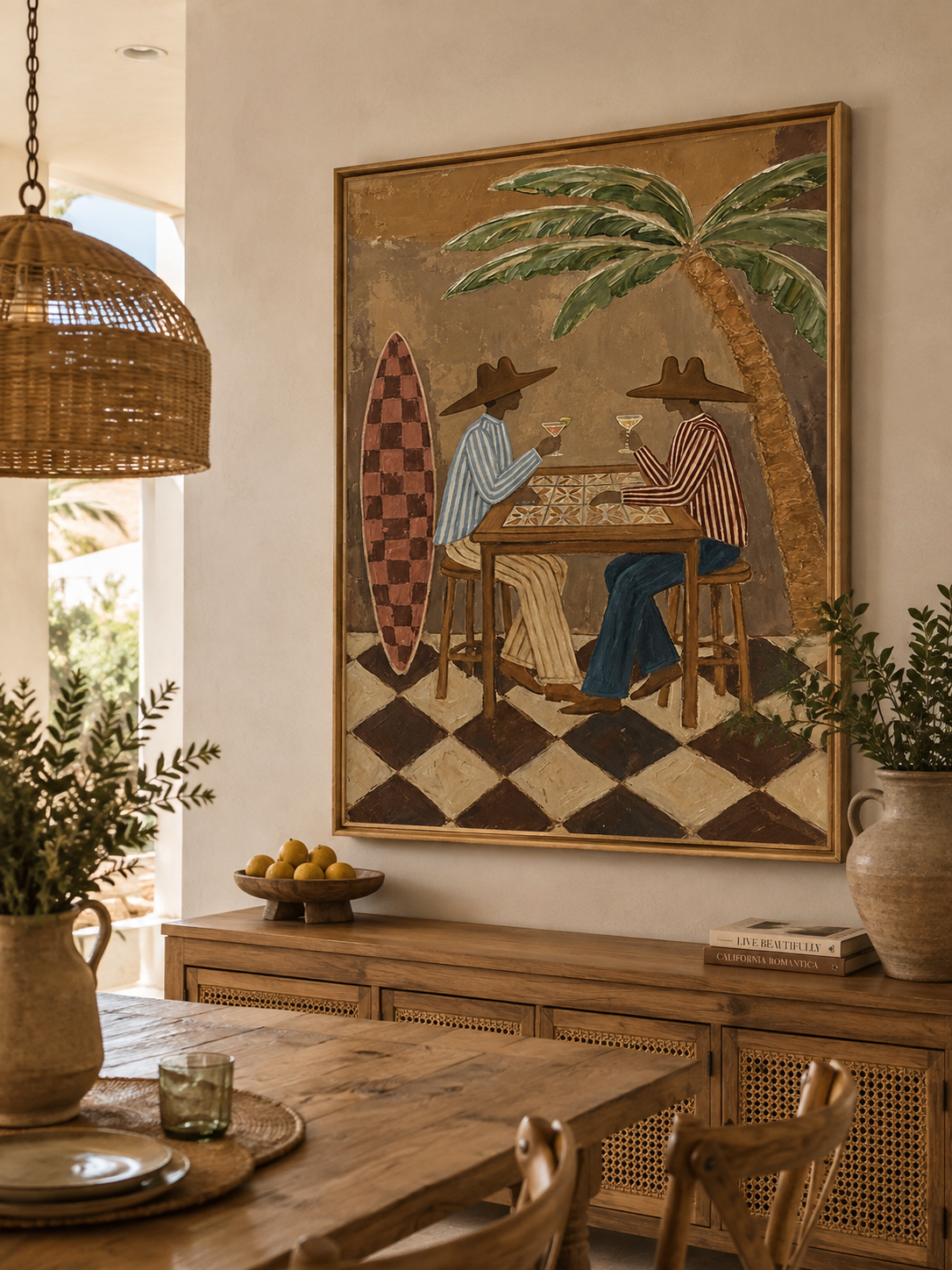 Tropical Surf Bar Painting With Cowboy Hats And Palm Tree For Coastal Living Room Decor