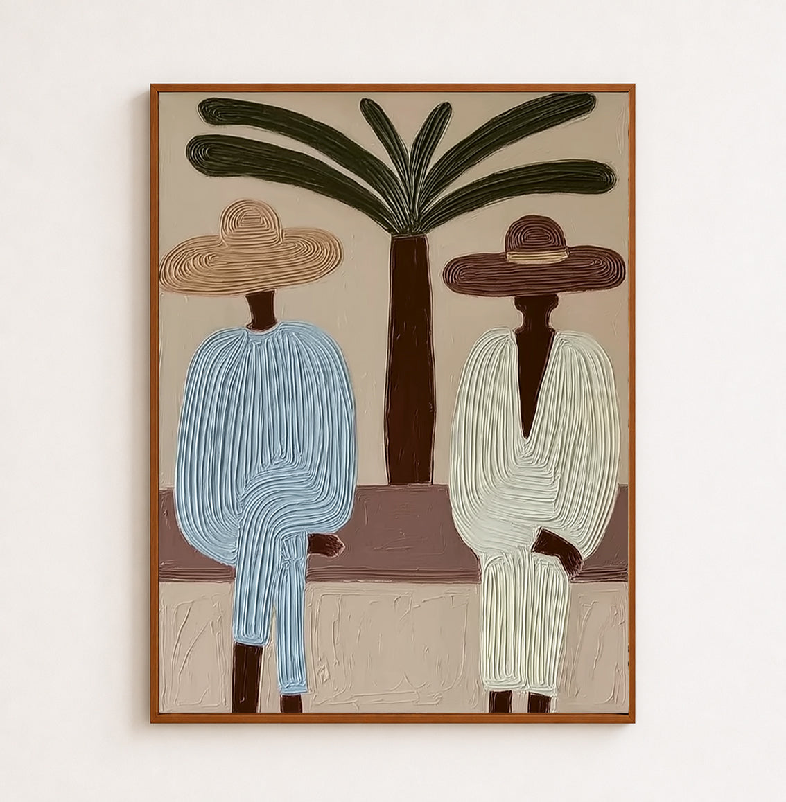 Abstract Mediterranean Figure Painting With Palm Tree Textured Oil Art For Coastal Home