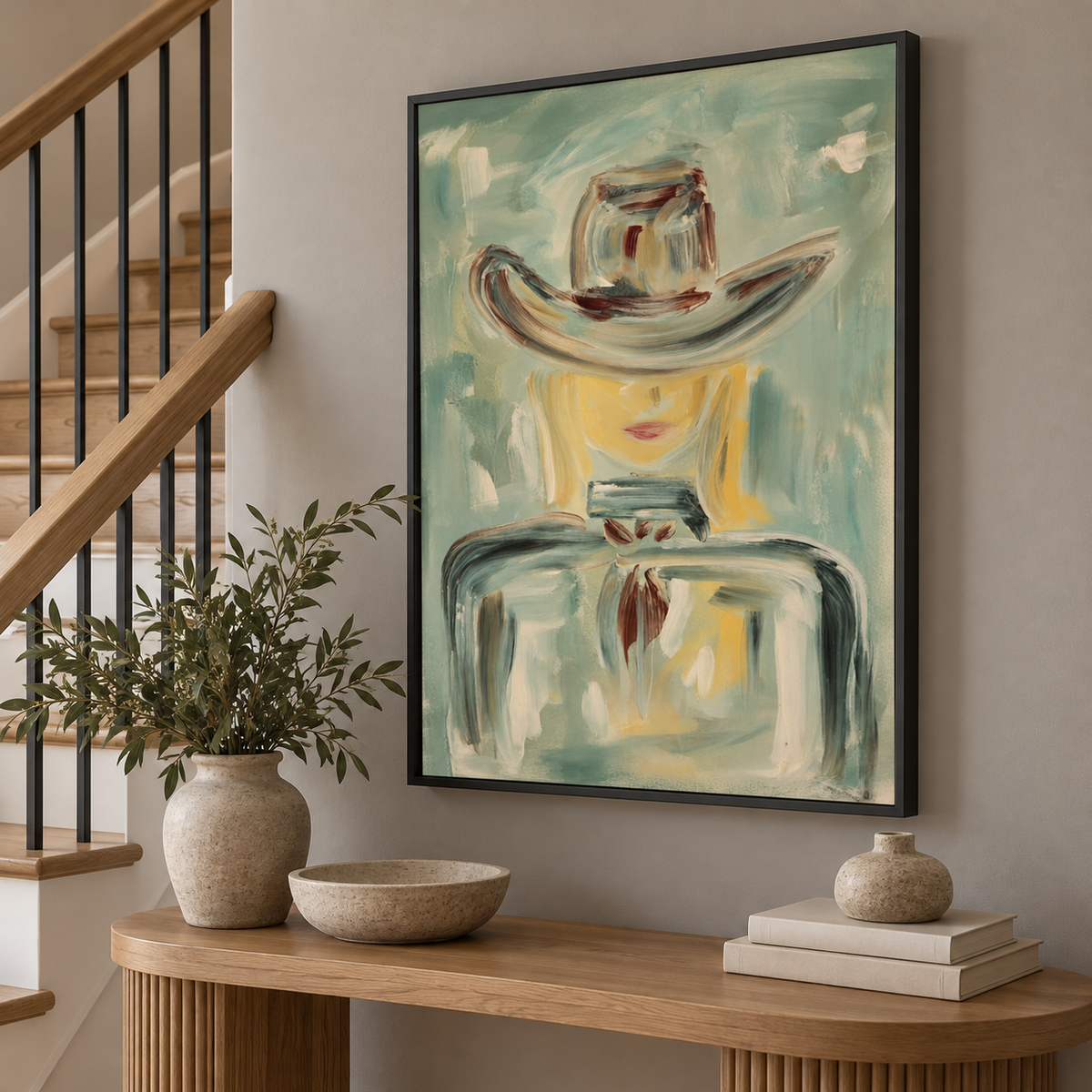 Abstract Cowboy Figure Painting In Sage Green For Modern Wall Decor