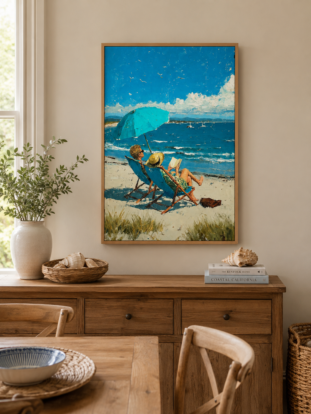 Original Beach Scene Oil Painting With Blue Sea And Umbrella For Coastal Living Room Wall Decor