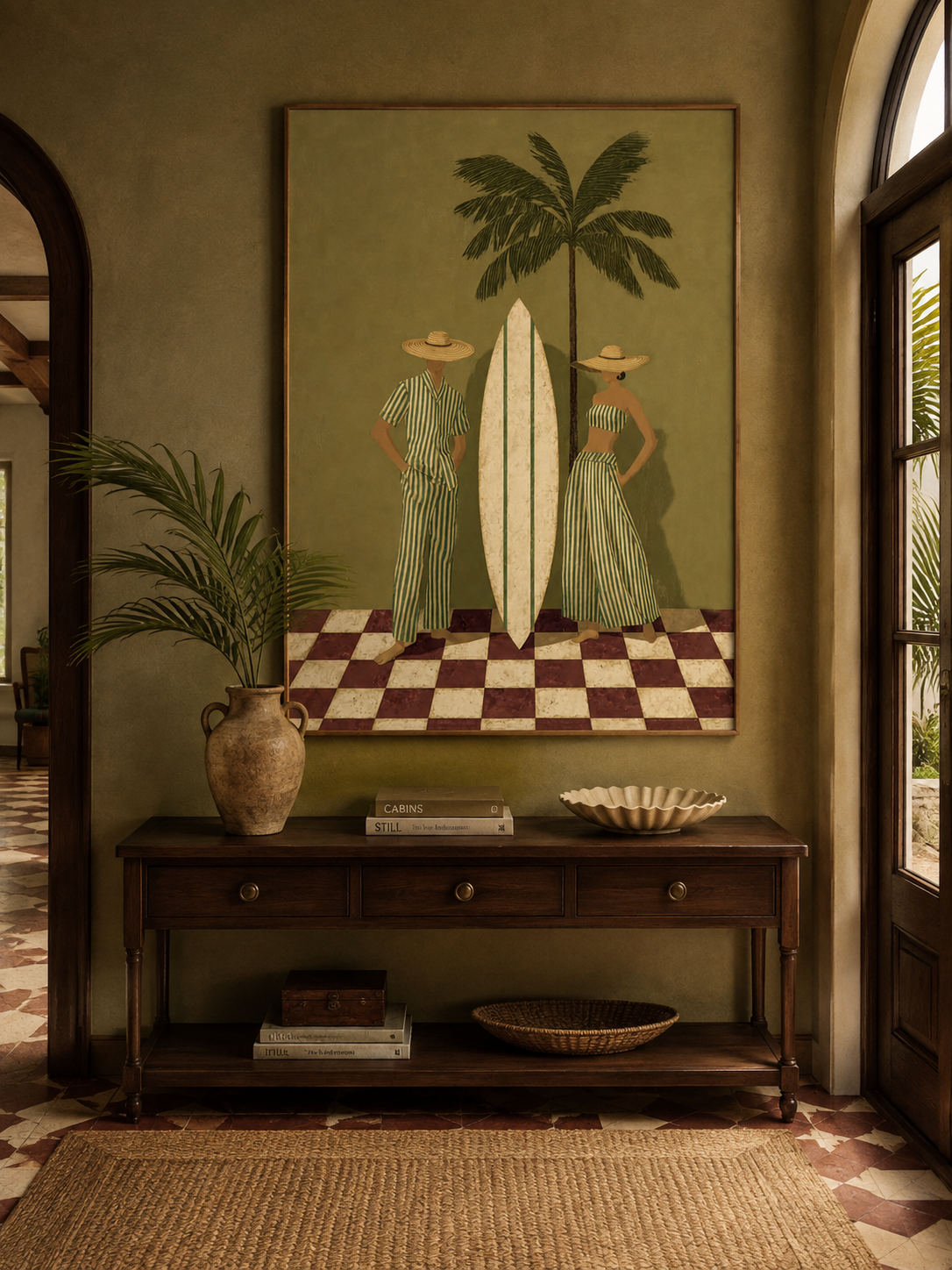 Vintage Green Stripe Beach Art With Palm Tree And Surfboard For Coastal Living Room Wall Decor