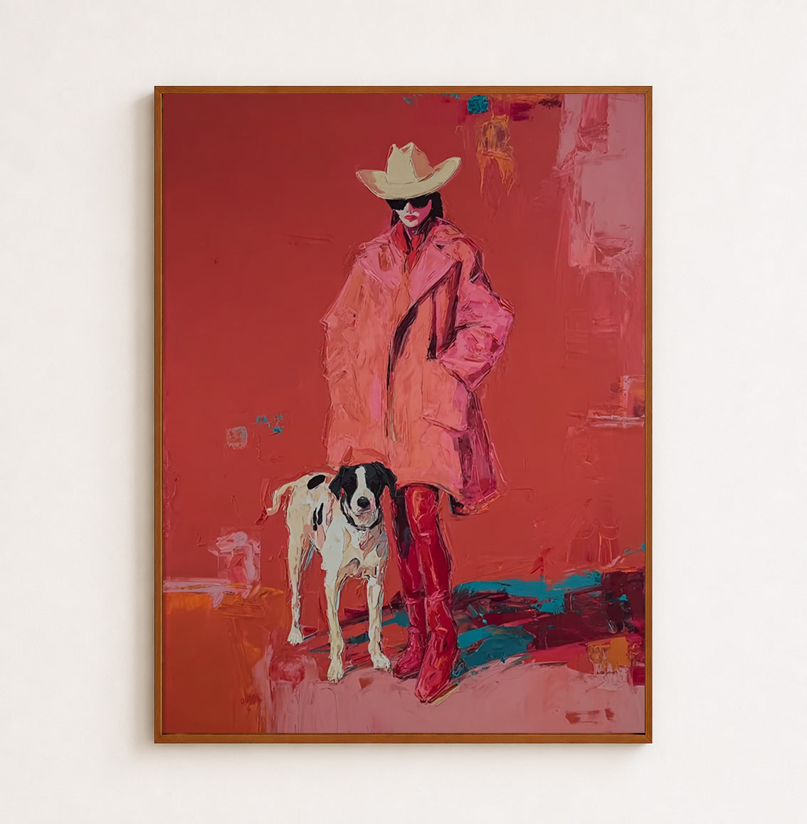 Bold Pop Art Canvas Featuring Stylish Woman With Spotted Dog In Vibrant Red Colors