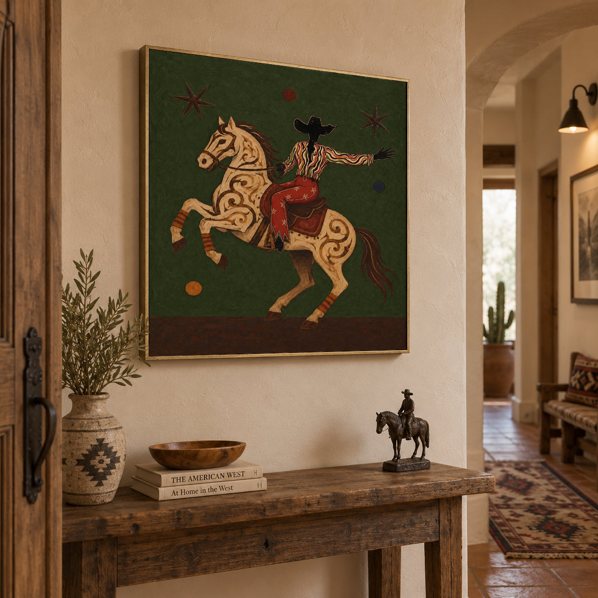 Cowboy And Horse Canvas Painting With Green Background Original Art
