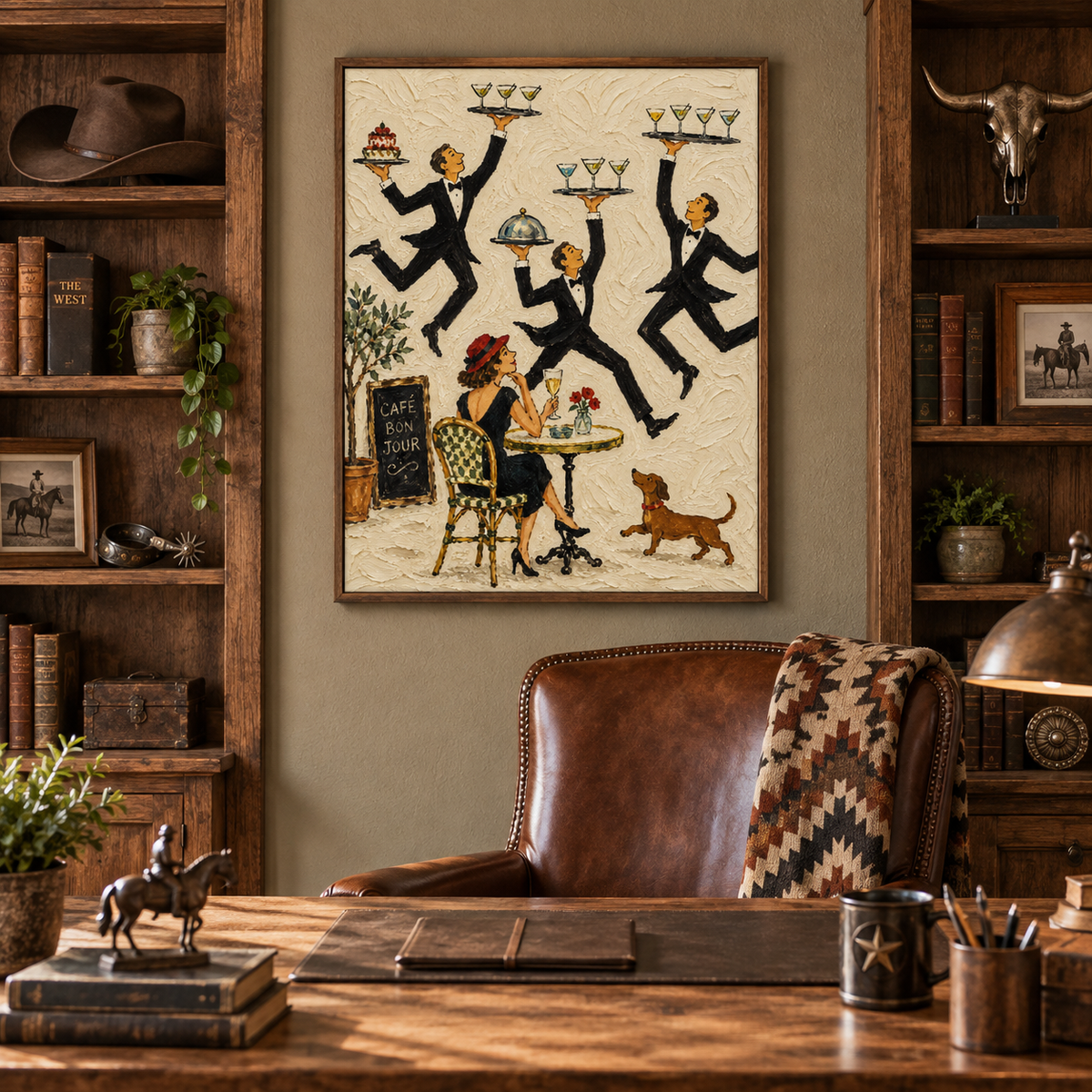 Vintage French Café Waiter Painting Hand-Painted Canvas Art For Dining Room