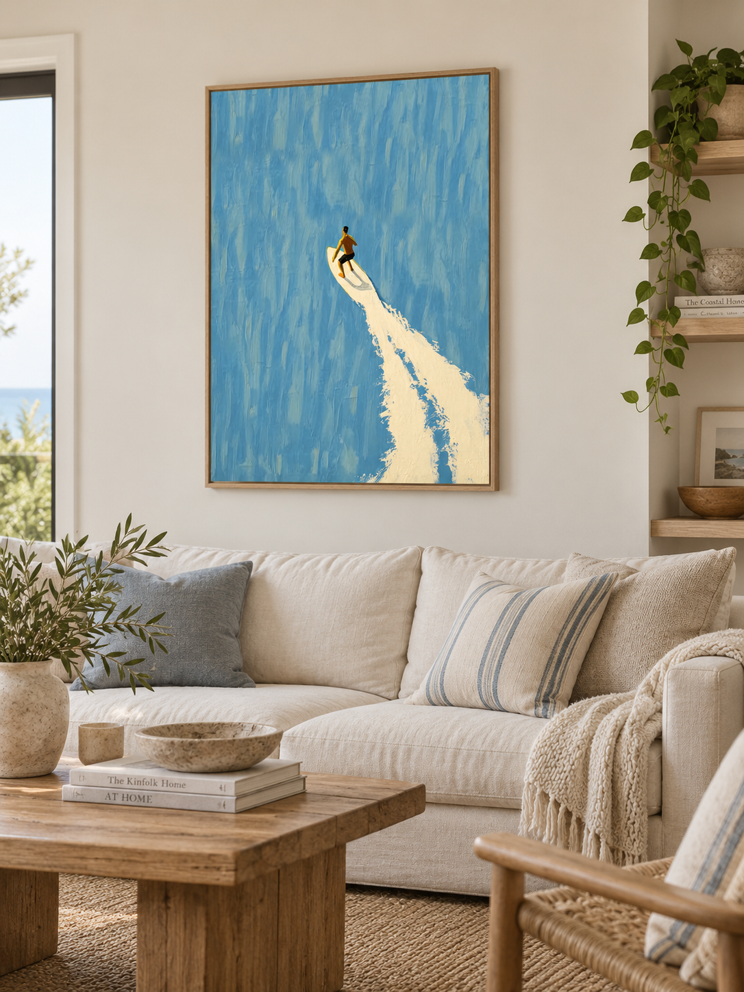 Surfer On Blue Wave Hand-Painted Canvas Art For Modern Beach Decor