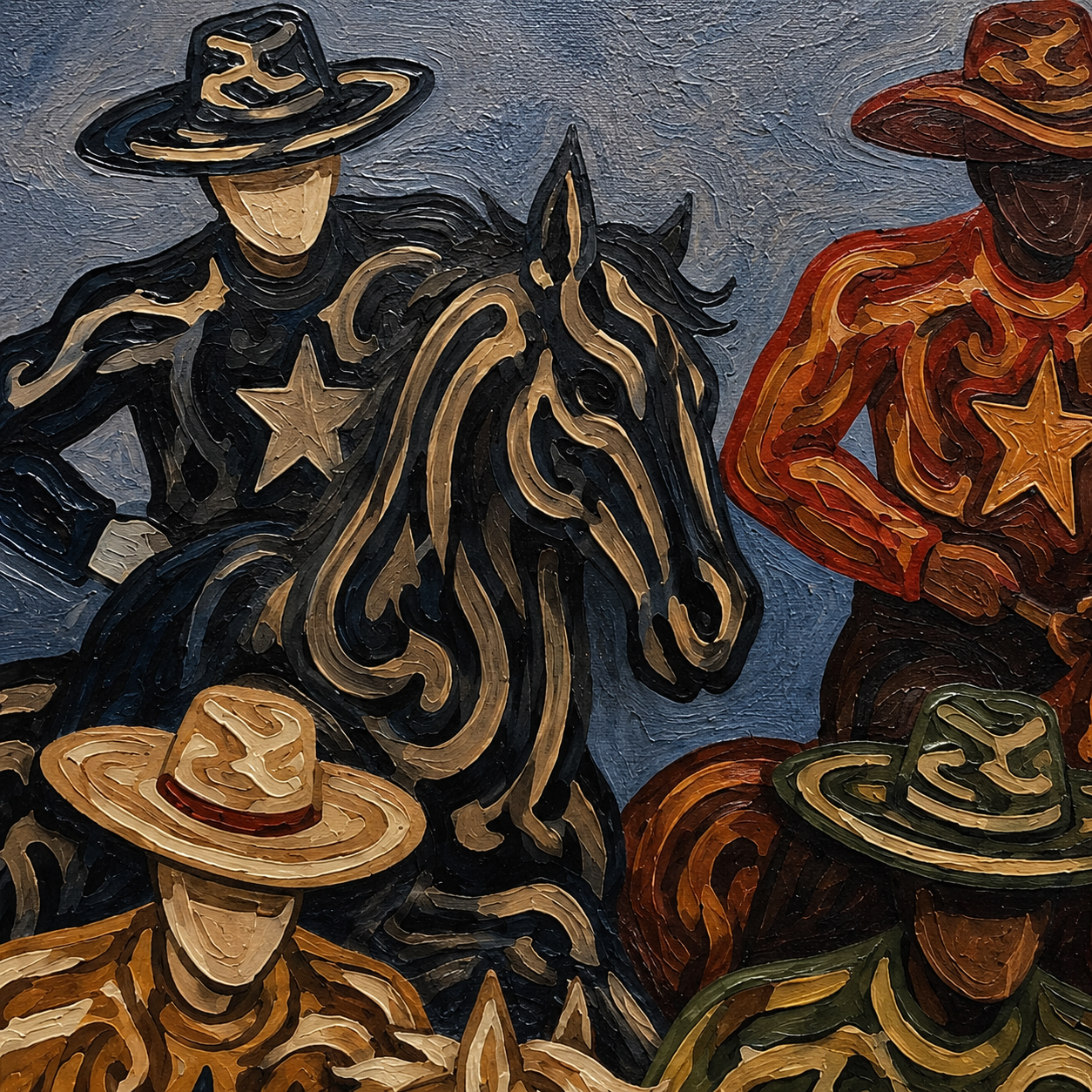 Cowboy And Horse Painting Hand-Painted Navy Blue Western Canvas Art