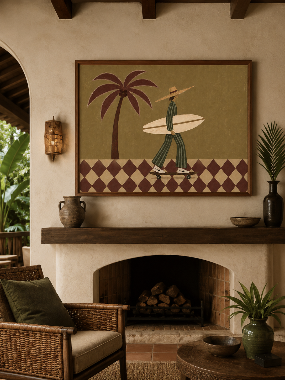 Retro Surf Art With Palm Tree And Skateboard For Modern Living Room Wall Decor