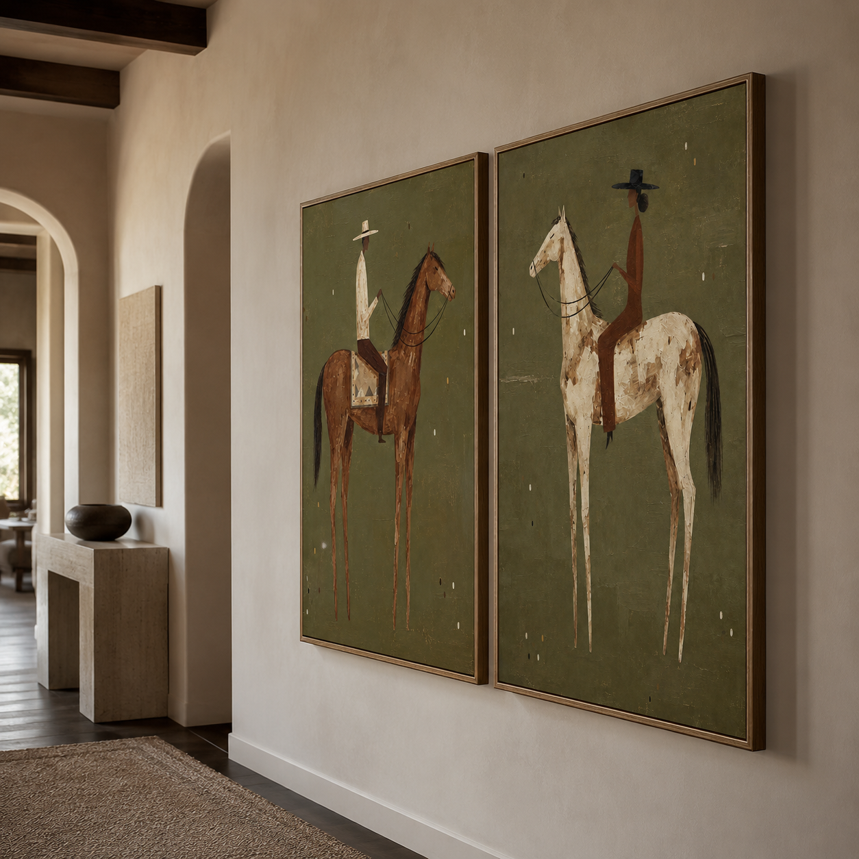 Vintage Equestrian Horse Painting Set With Riders In Earthy Tones For Classic Home Decor