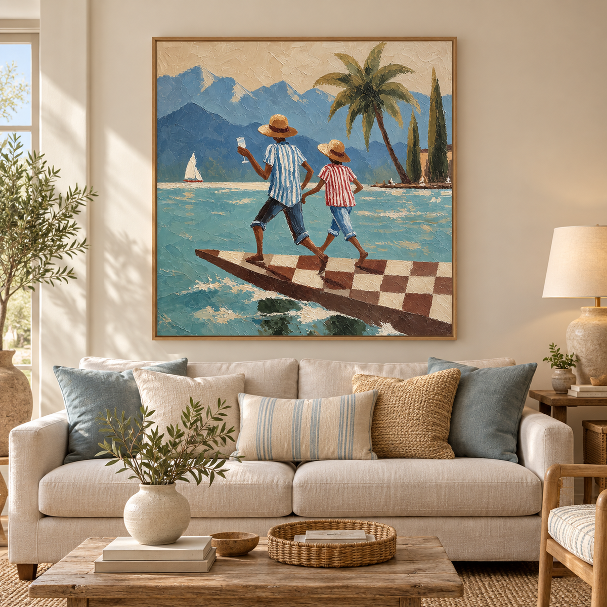 Figurative Beach Scene Hand-Painted Canvas Art With Mountains And Sailboat In Bright Blue Tones