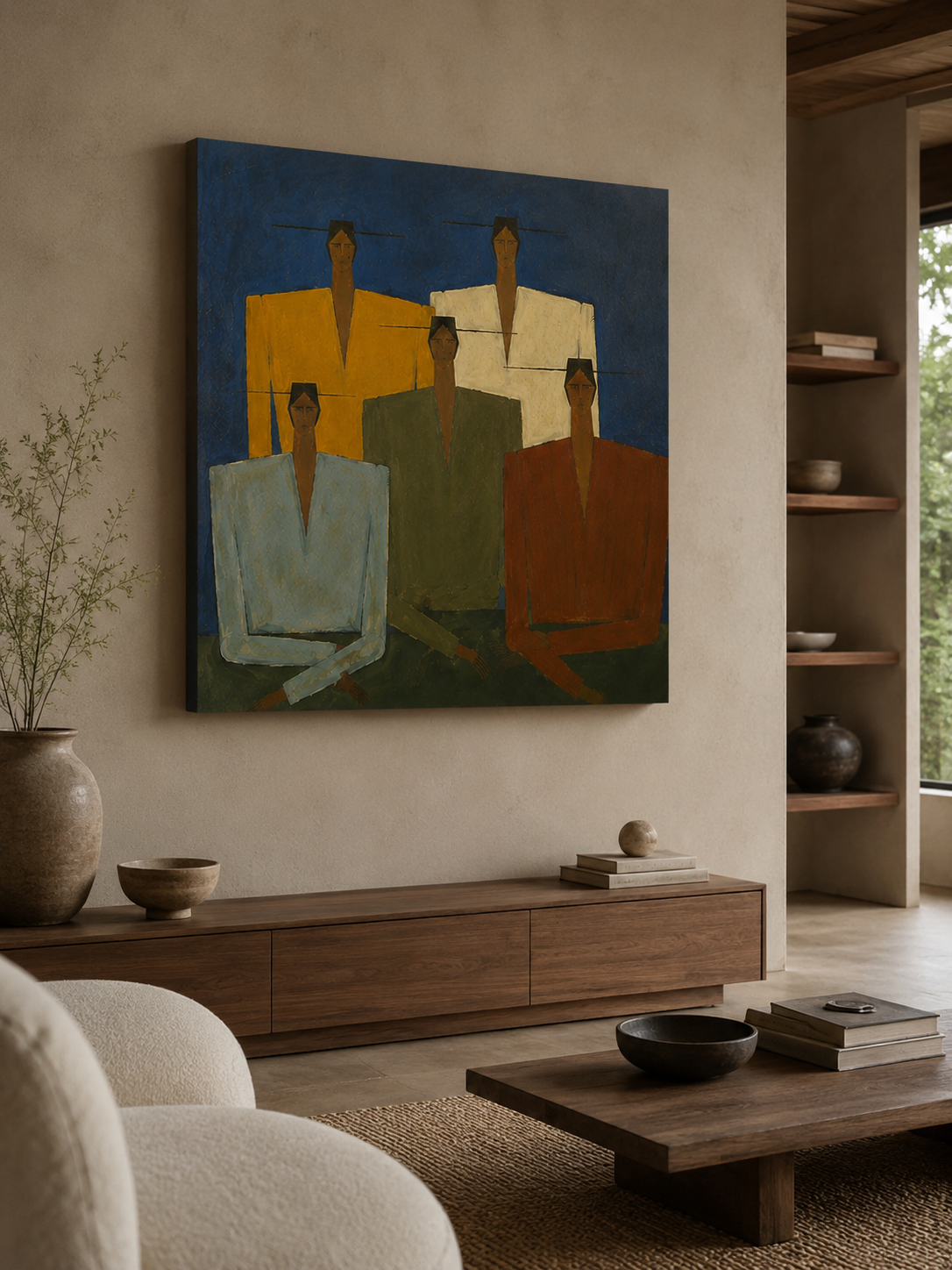 Wabi Sabi Figurative Art Painting With Geometric People In Blue Green Tones For Modern Living Room Decor