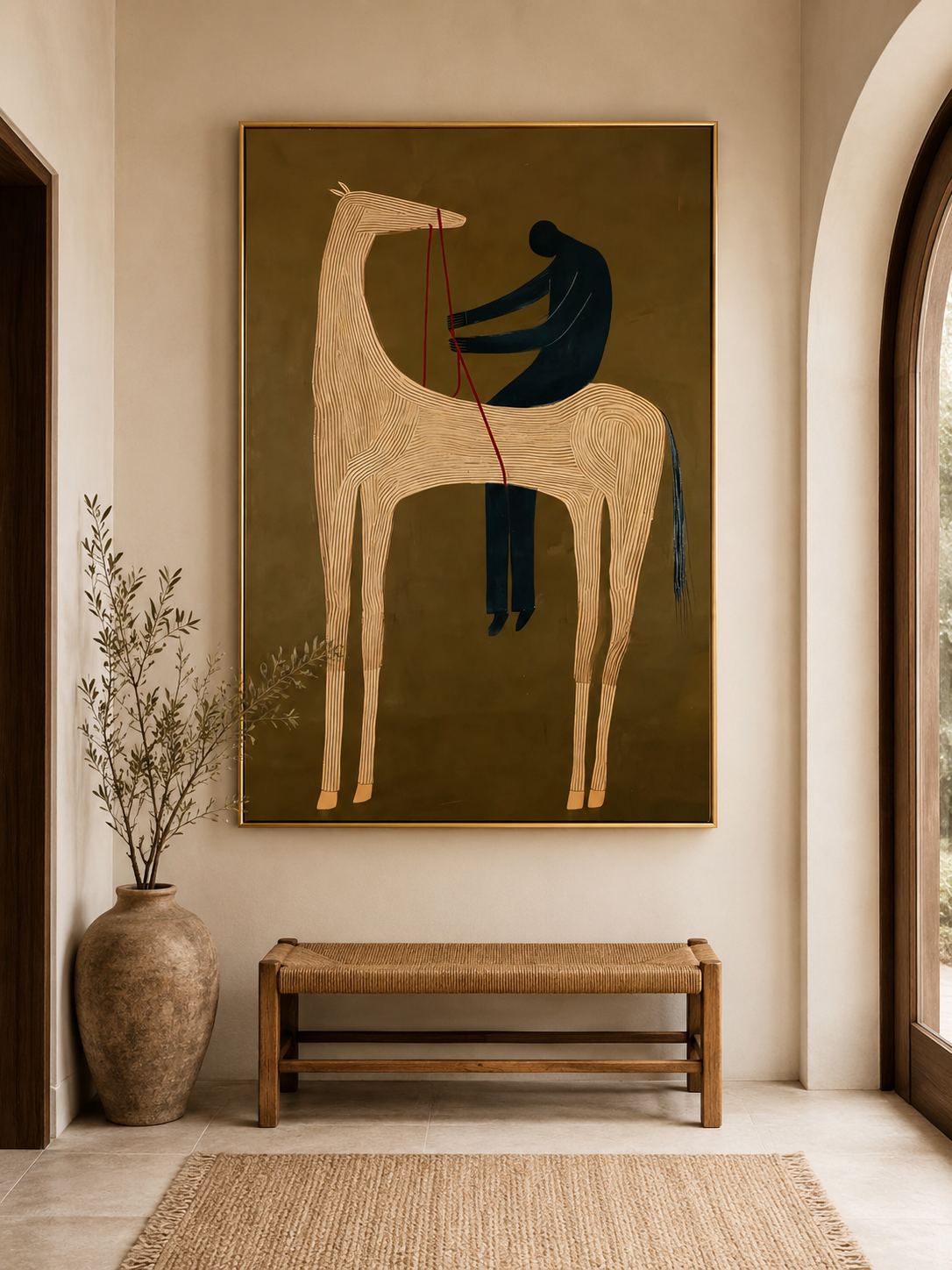 Abstract Storytelling Horse Canvas Art Featuring Human Silhouette In Earthy Minimalist Palette