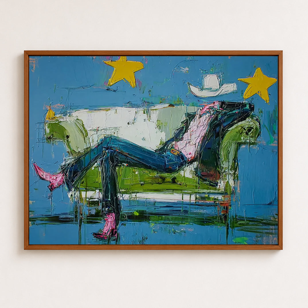 Surreal Cowboy Art With Rich Texture Blue Tones For Contemporary Western Interior Design Decor
