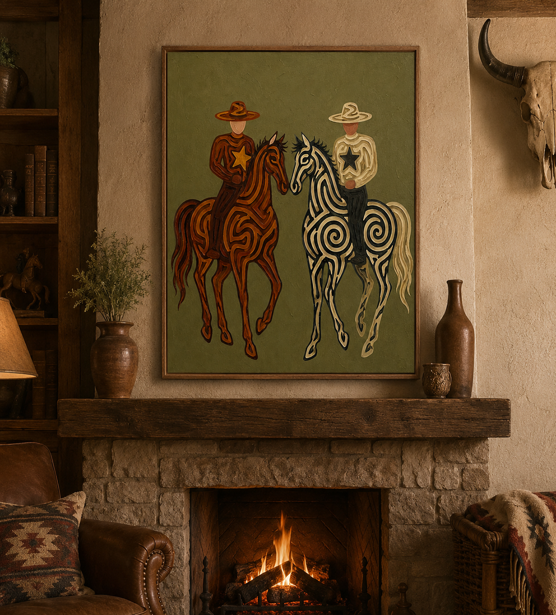 Hand-Painted Cowboy And Horse Canvas Art In Olive Green For Vintage Western Decor