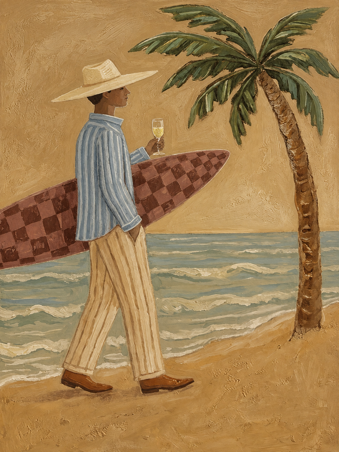 Vintage Surfer With Wine Glass Painting For Coastal Home Decor