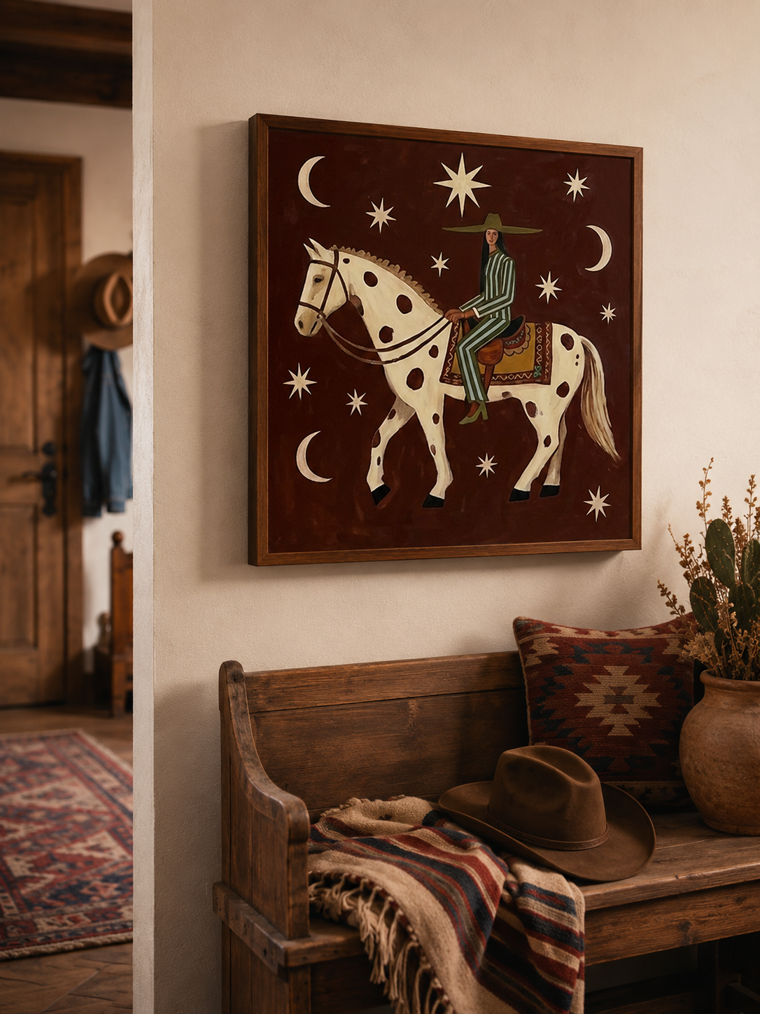 Whimsical Folk Art Painting Of Woman Riding Horse Under Stars For Living Room Decor