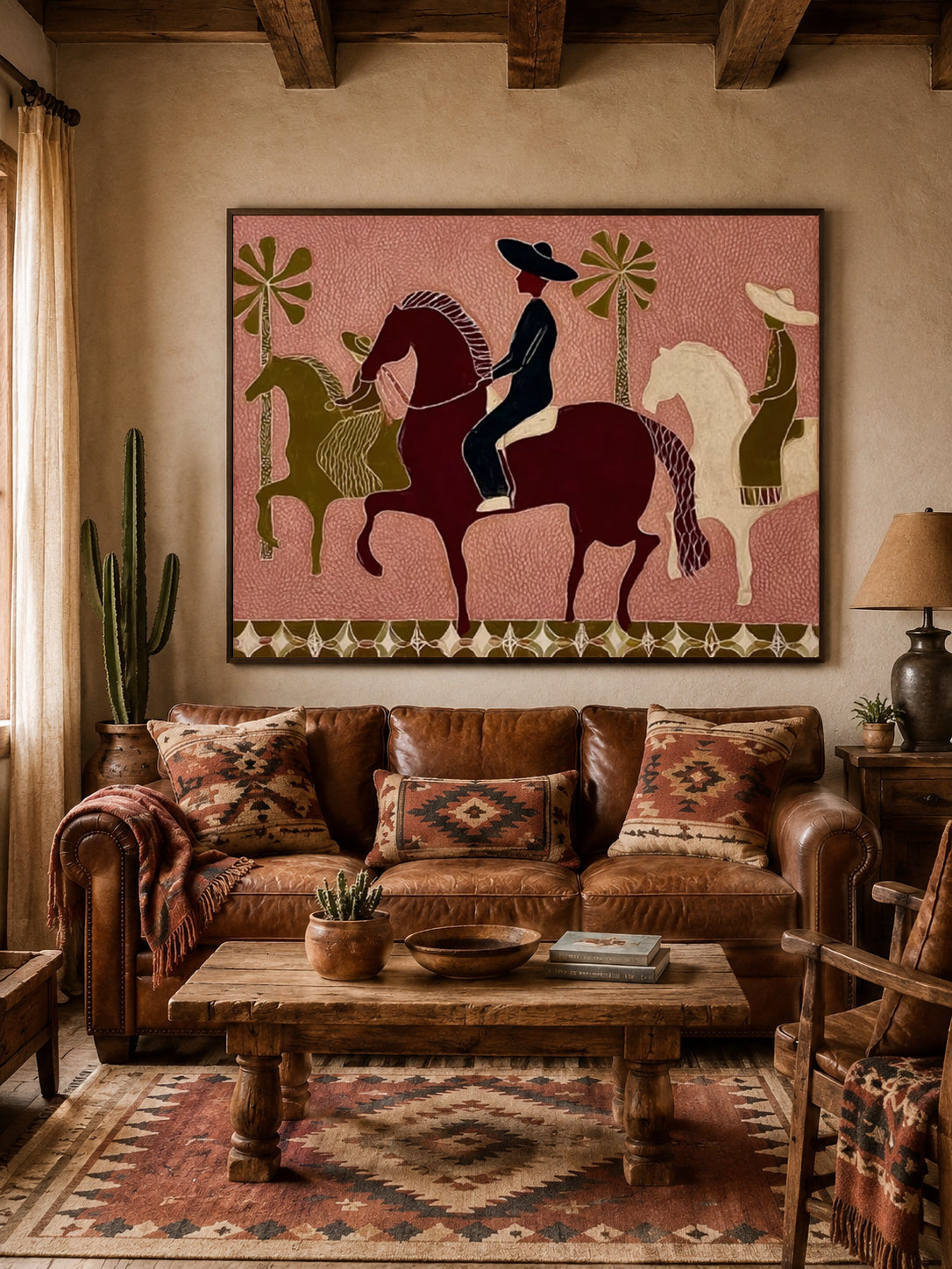 Vintage Folk Horse Art Original Painting With Textured Canvas For Rustic Home Decor