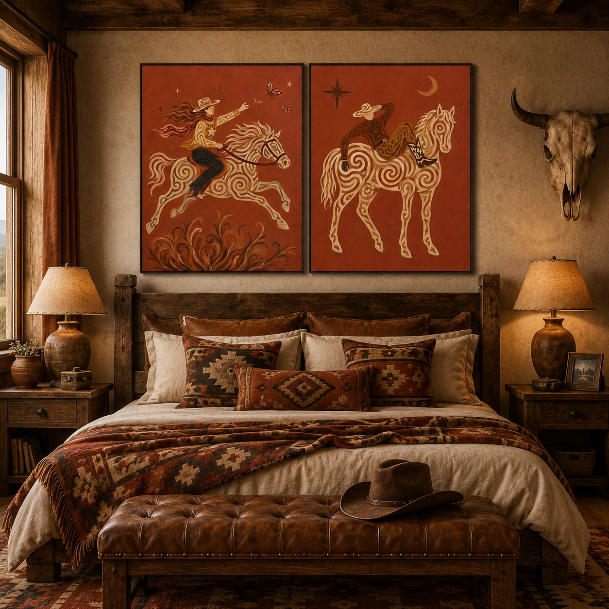 Western Cowboy Wall Art, Rustic Red Horse Canvas, Boho Equestrian Art, Vintage Cowboy Aesthetic, Set Of 2 Western Room Decor