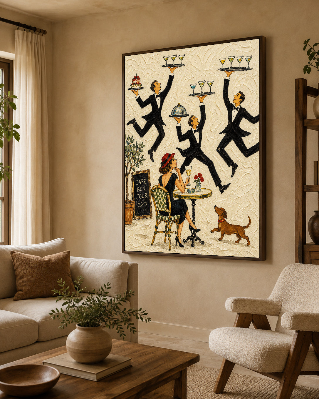Vintage French Café Waiter Painting Hand-Painted Canvas Art For Dining Room