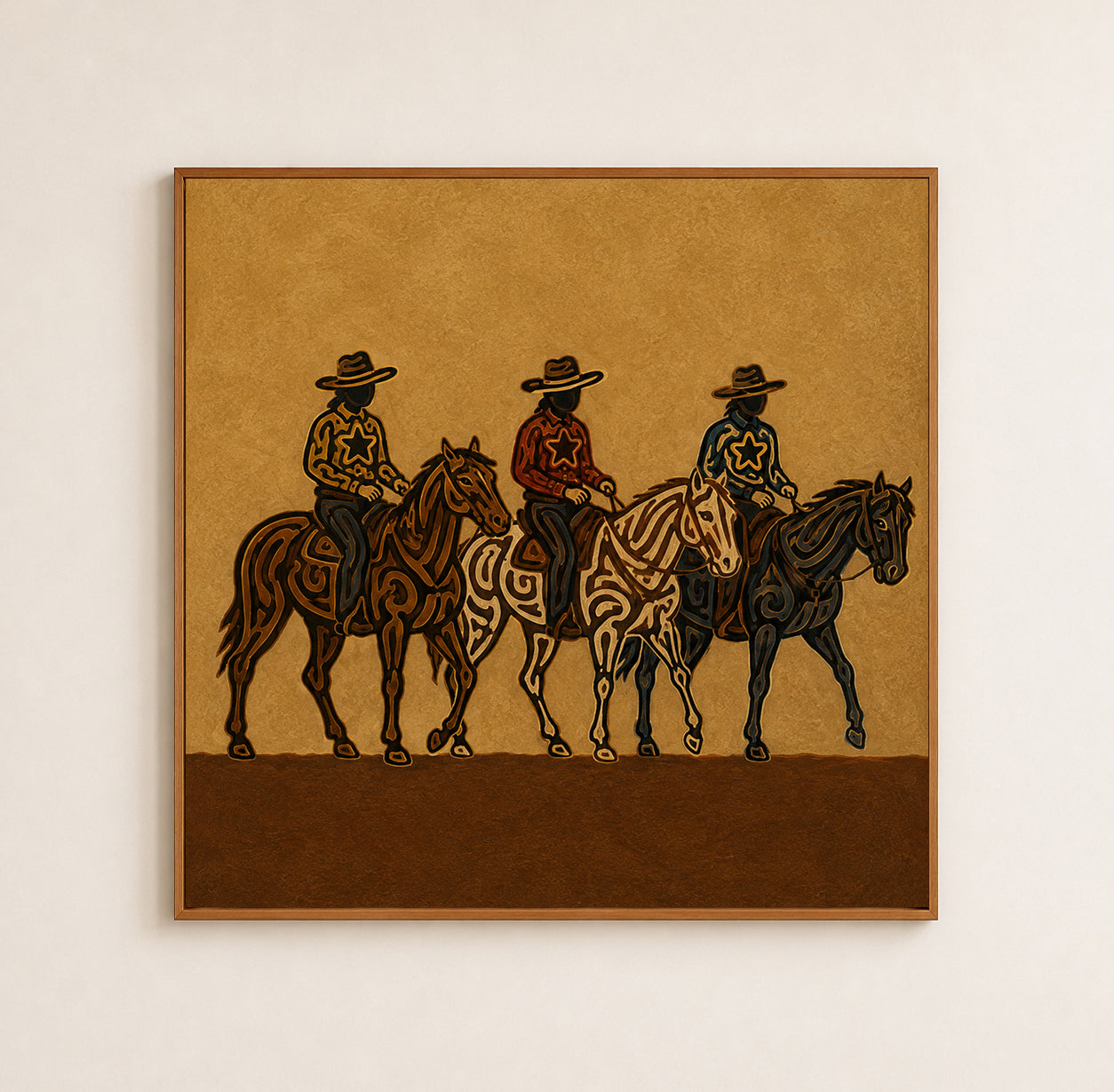 Three Cowboys Horse Painting, Western Ranch Riders, Southwestern Folk Wall Art For Home