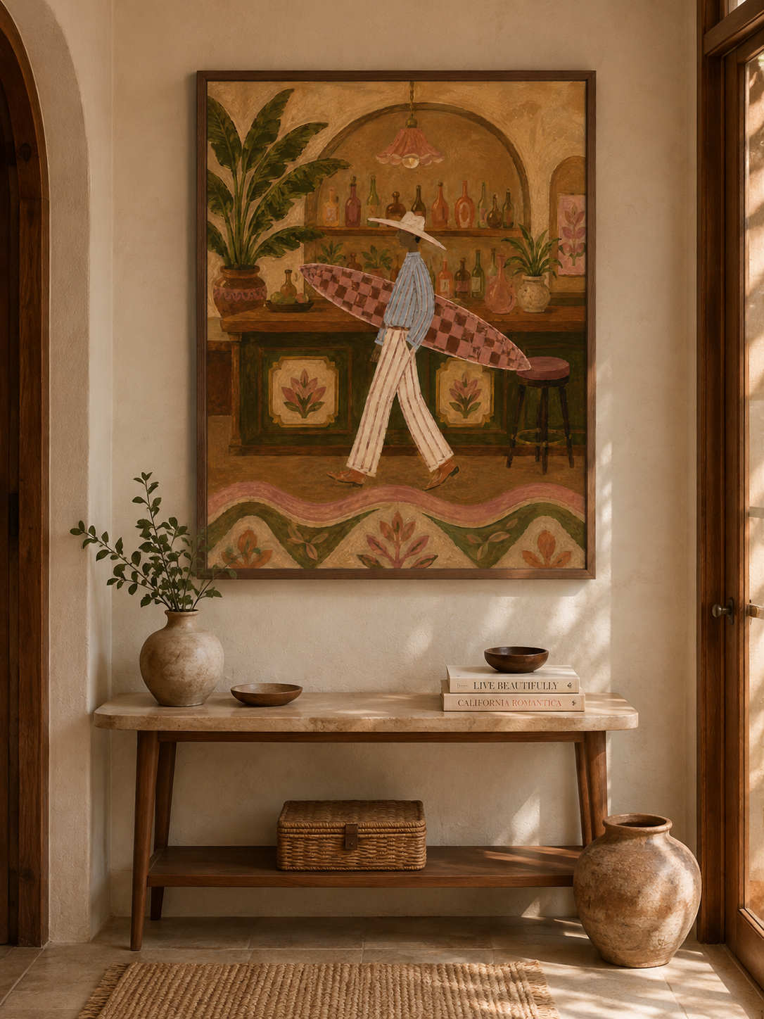 Retro Surfer Woman Painting, Coastal Bar Art, Vintage Resort Wall Decor Surfboard Wall Art