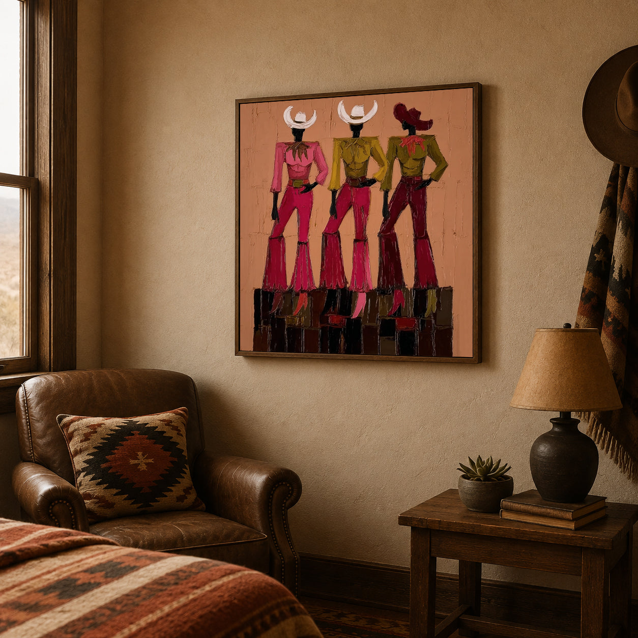 Vintage Cowgirl Wall Art,Pink And Green Cowgirl Canvas Painting, Trendy Country Aesthetic Home Decor