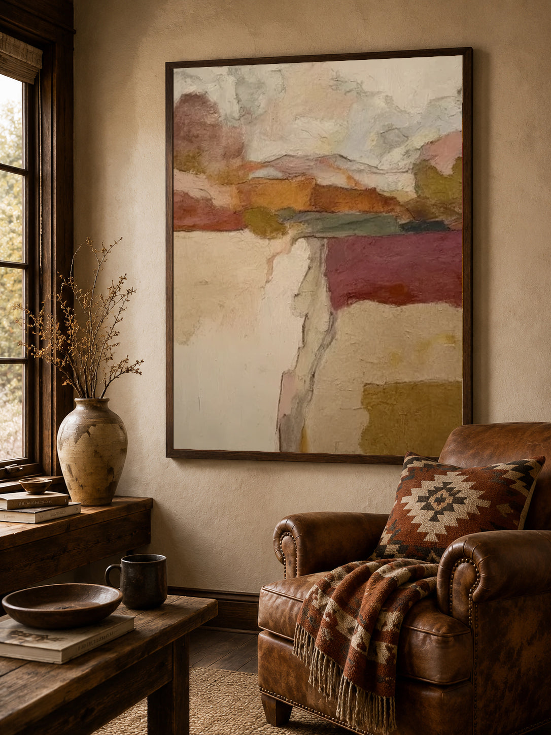 Abstract Landscape Canvas Painting With Olive Green And Earth Tones For Modern Wall Art