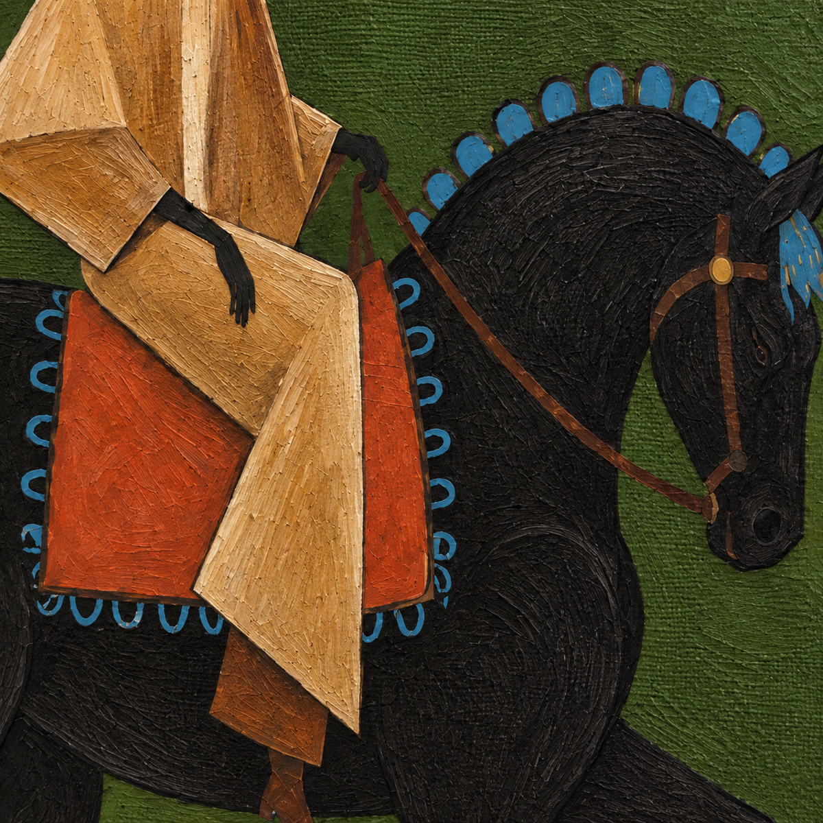 Green Background Fine Art Vintage Cowboy And Horse Canvas Painting Gentleman On Black Horse Canvas Art