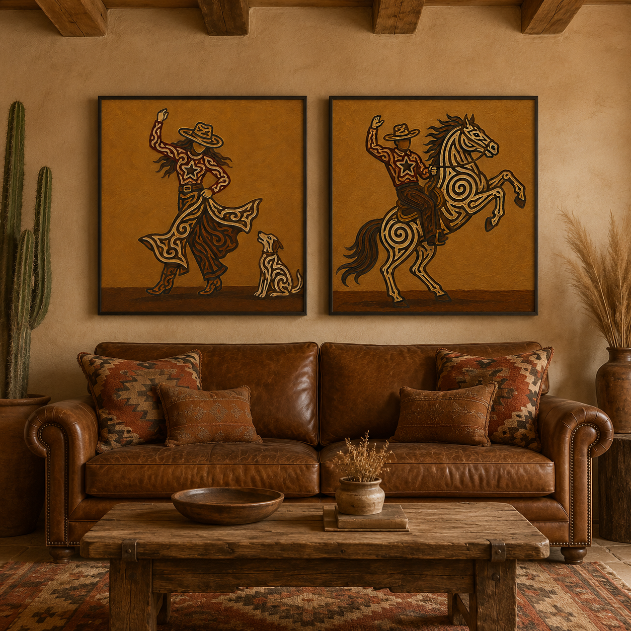 Cowboy Riding Horse Painting Rustic Western Cowgirl And Horse Set Of 2 Wall Art For Living Room
