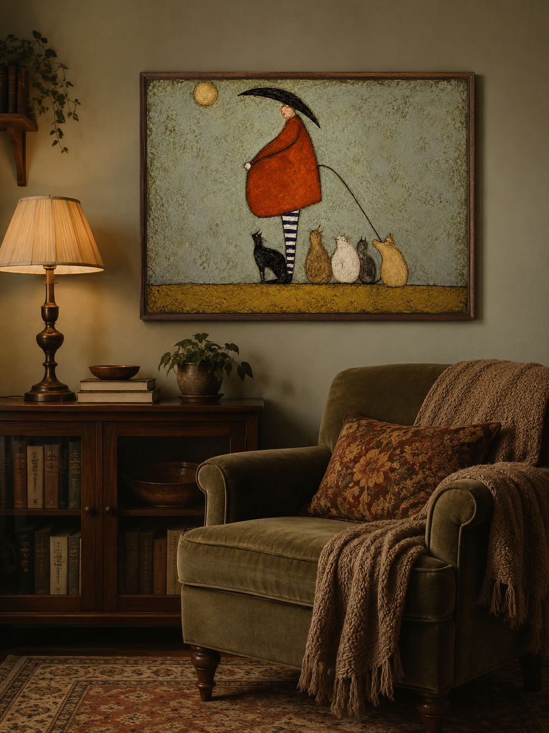 Whimsical Cat Lady Painting With Black Cats Folk Art For Modern Home Decor