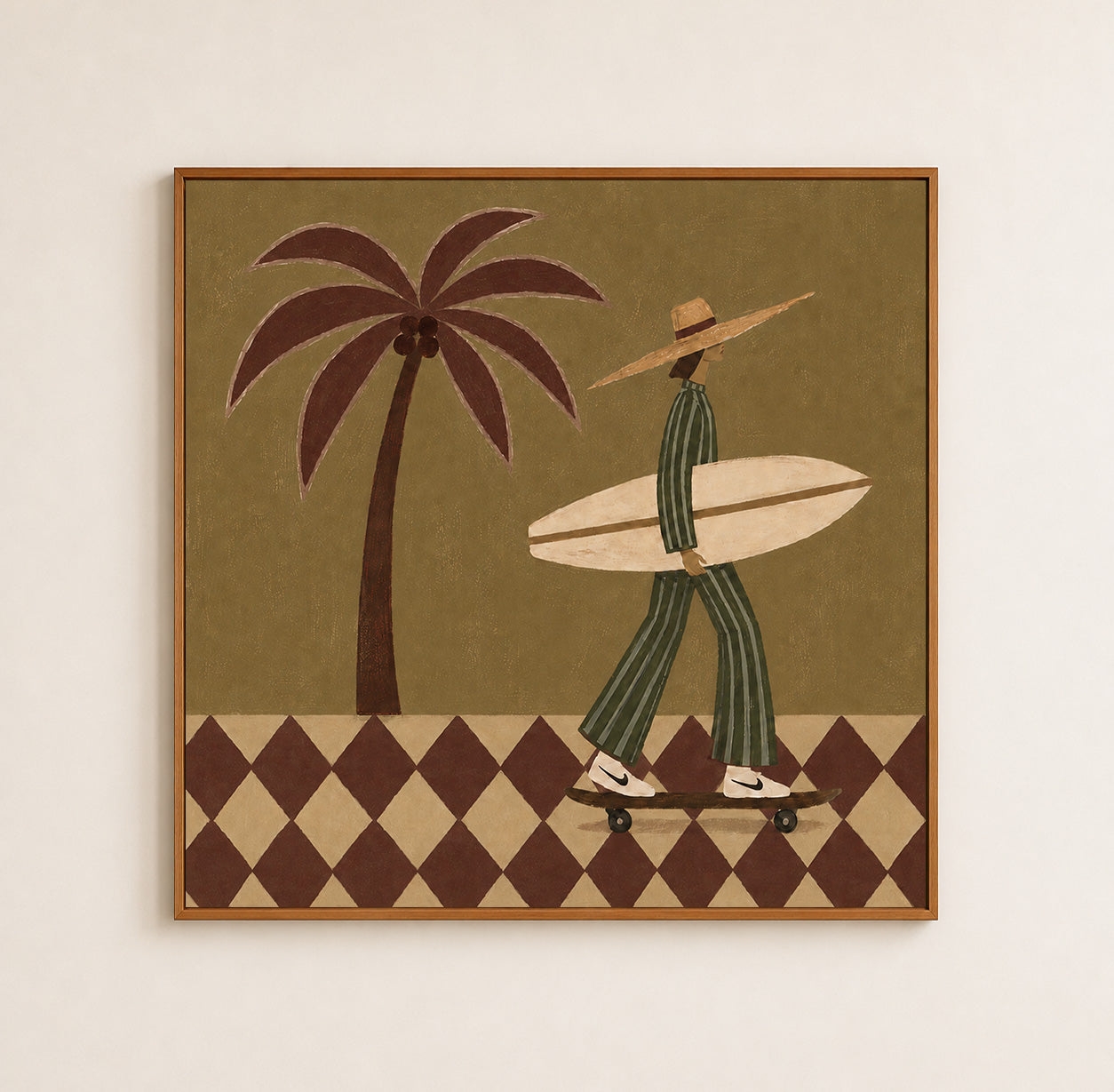 Vintage Surfer Girl Painting With Palm Tree And Checkerboard Pattern For Modern Home Decor