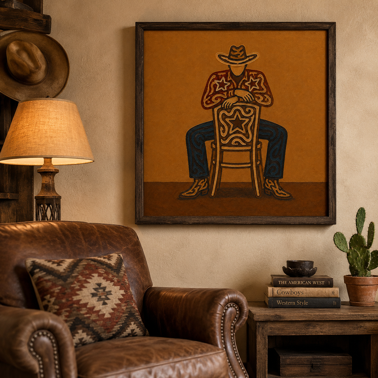 Cowboy Sitting On Chair Art, Bold Western Wall Decor, Minimalist Cowboy Painting, Warm Tone Western Art